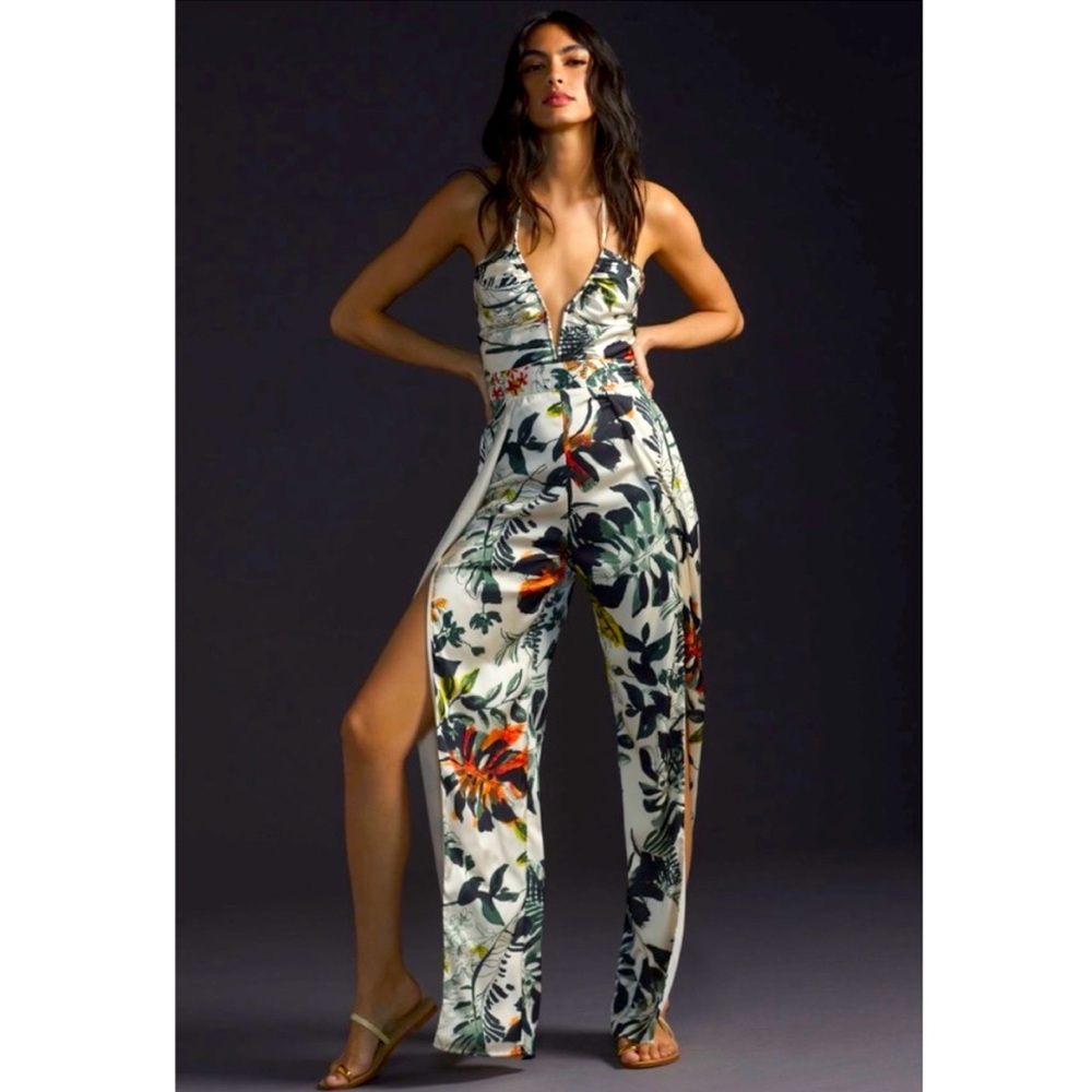 Katie May Anthropologie Never Cross V-Neck Flowy Halter Tropical Jumpsuit